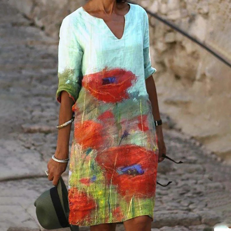 Flora | Charming linen dress with floral pattern for women