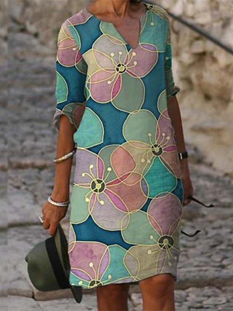 Flora | Charming linen dress with floral pattern for women