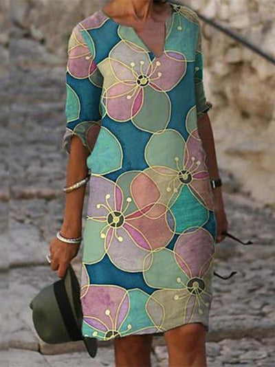 Flora | Charming linen dress with floral pattern for women