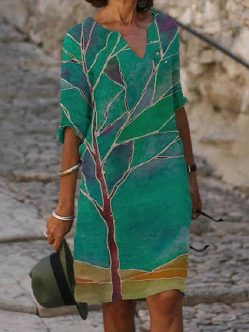 Flora | Charming linen dress with floral pattern for women