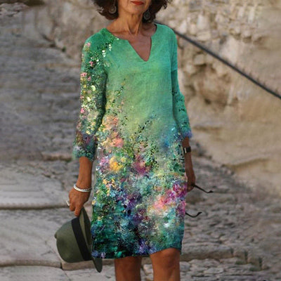 Flora | Charming linen dress with floral pattern for women