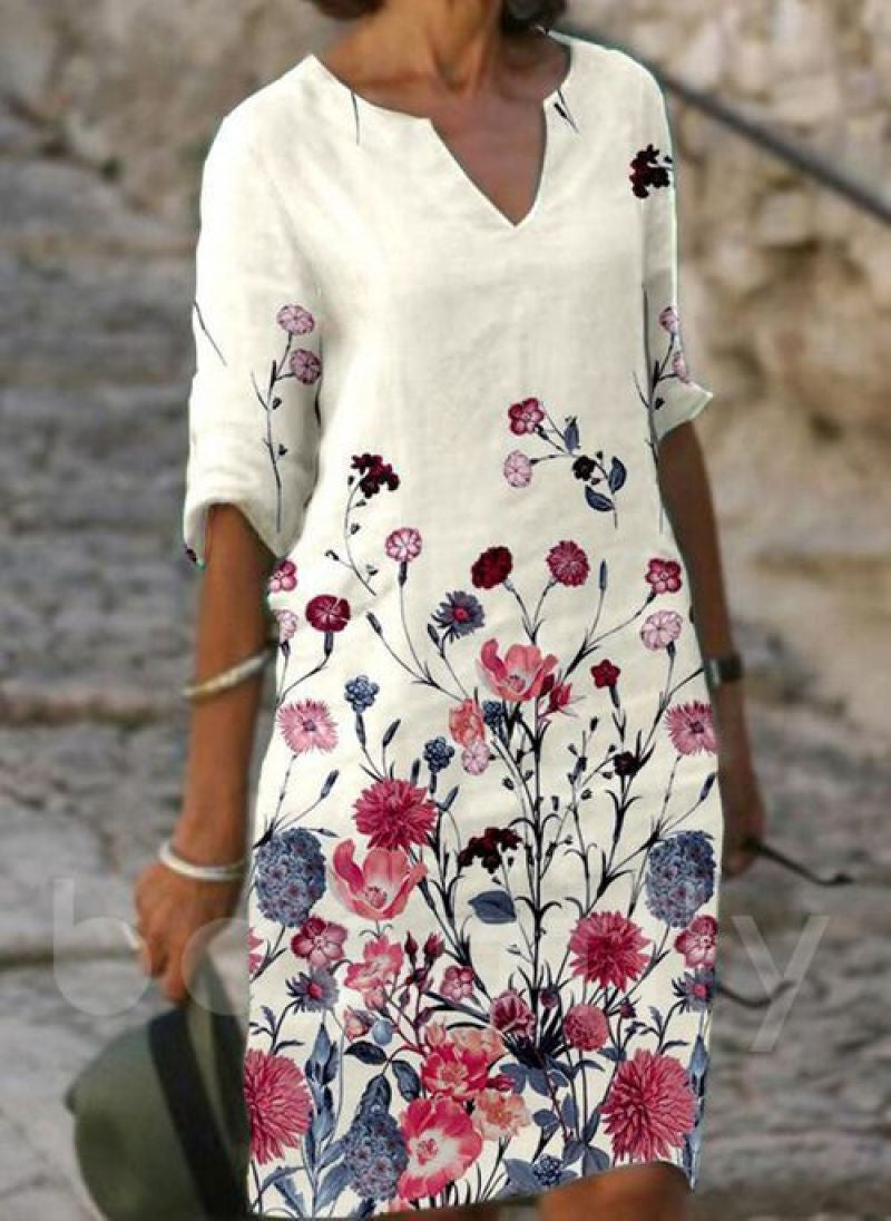 Flora | Charming linen dress with floral pattern for women