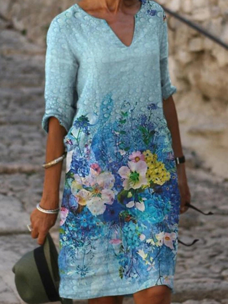 Flora | Charming linen dress with floral pattern for women