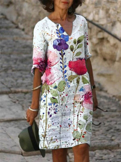 Flora | Charming linen dress with floral pattern for women