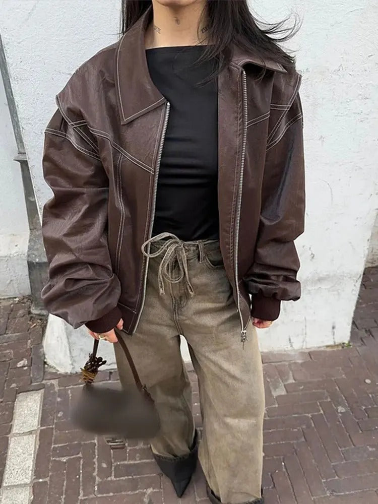 Faye | Oversized leather jacket with zip fastening