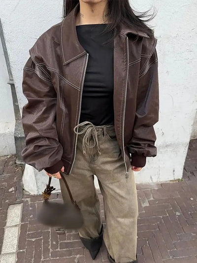 Faye | Oversized leather jacket with zip fastening