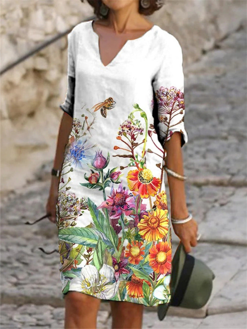 Flora | Charming linen dress with floral pattern for women