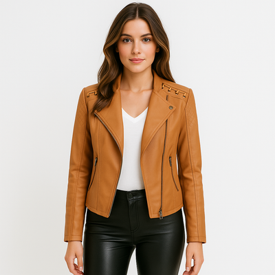 Clara | Stylish short biker leather jacket for women