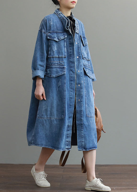 Unique Blue Pockets Button Loose Autumn Denim Long Sleeve Coats Trench Coats
