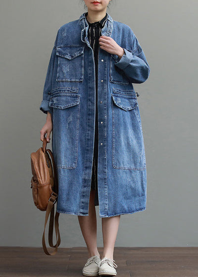 Unique Blue Pockets Button Loose Autumn Denim Long Sleeve Coats Trench Coats