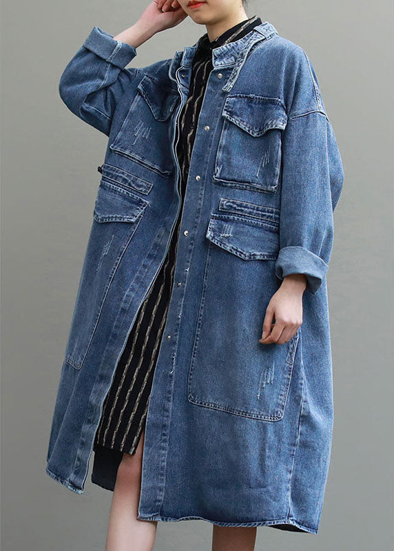 Unique Blue Pockets Button Loose Autumn Denim Long Sleeve Coats Trench Coats