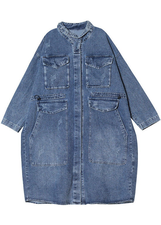 Unique Blue Pockets Button Loose Autumn Denim Long Sleeve Coats Trench Coats