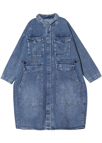 Unique Blue Pockets Button Loose Autumn Denim Long Sleeve Coats Trench Coats