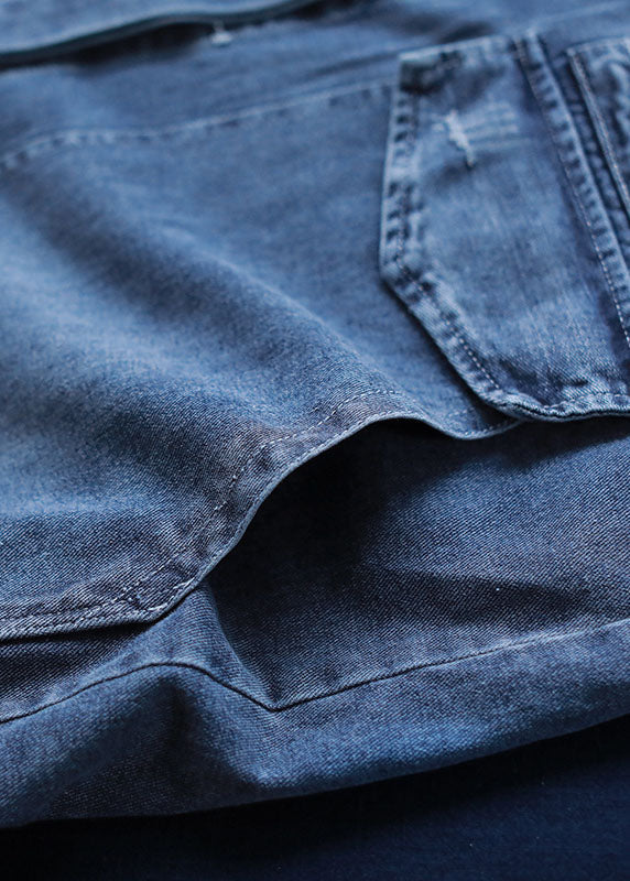 Unique Blue Pockets Button Loose Autumn Denim Long Sleeve Coats Trench Coats