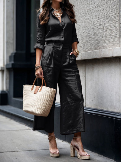 Helena | Pink capri trousers with wide shirt set in a modern style