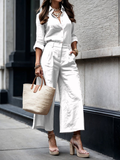 Helena | Pink capri trousers with wide shirt set in a modern style
