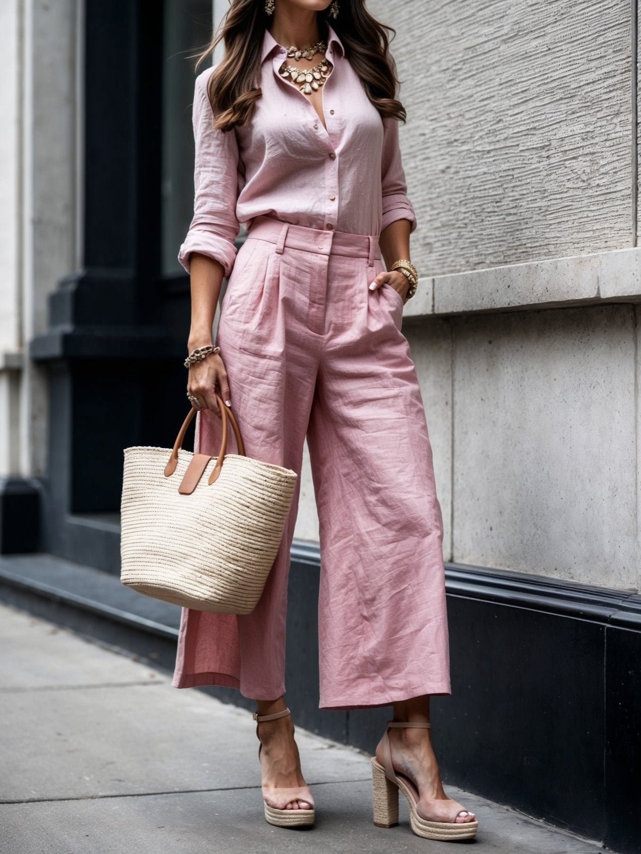 Helena | Pink capri trousers with wide shirt set in a modern style