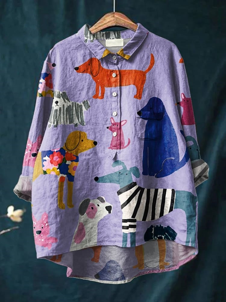 Sophia | Ladies Dog Art Print Casual Cotton and Linen Shirt