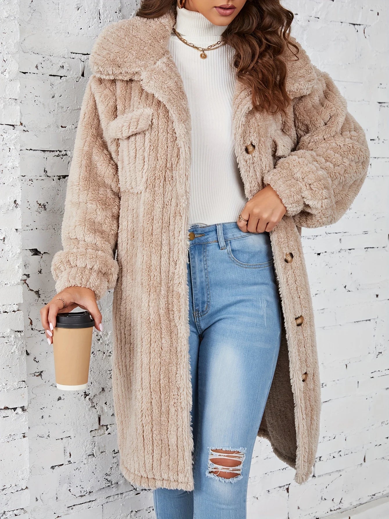 Liesa | Effortlessly cosy mid-length fuzzy coat with button placket Outerwear