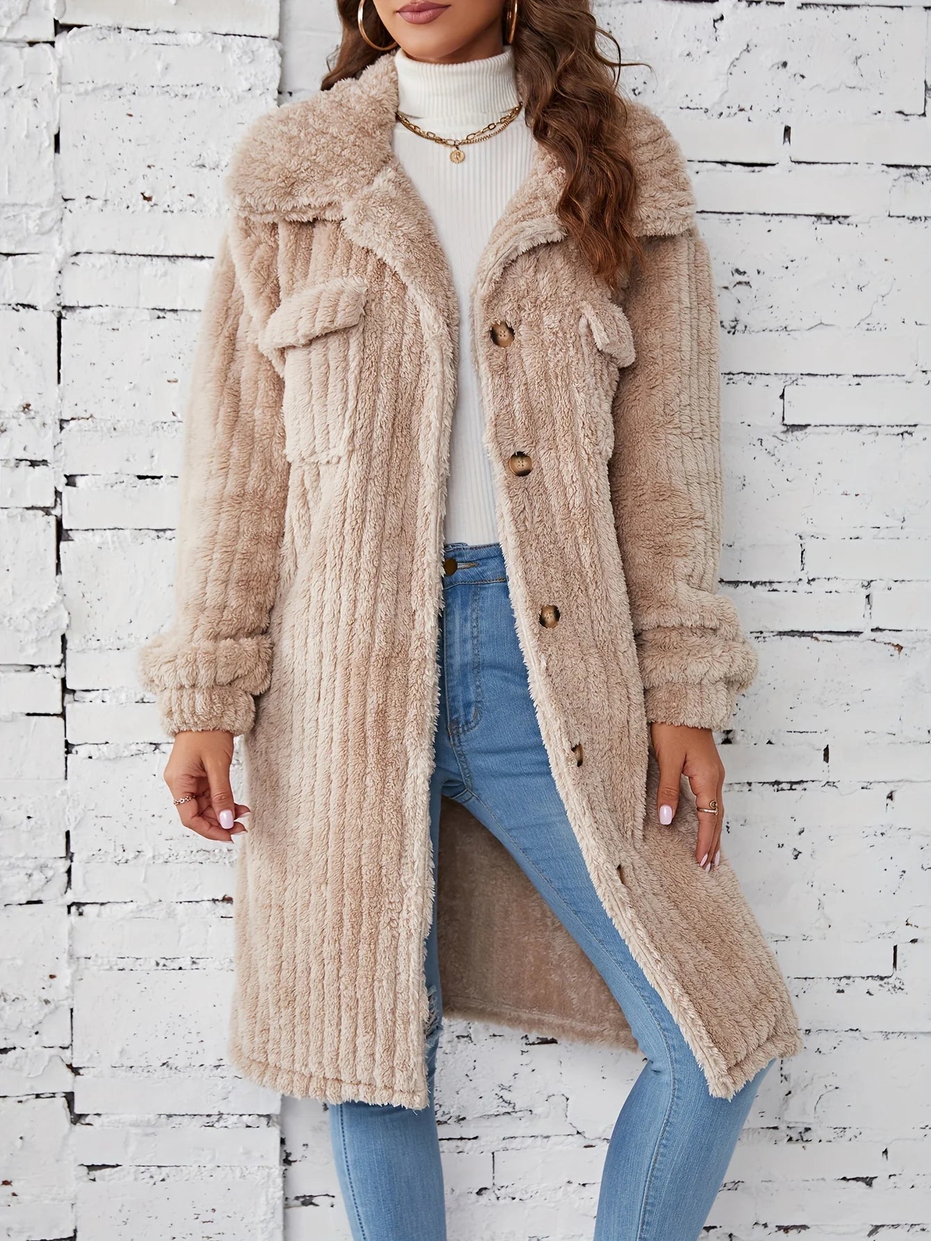 Liesa | Effortlessly cosy mid-length fuzzy coat with button placket Outerwear
