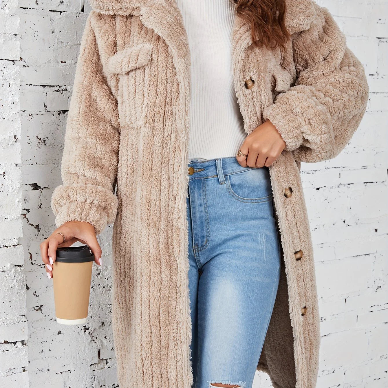 Liesa | Effortlessly cosy mid-length fuzzy coat with button placket Outerwear
